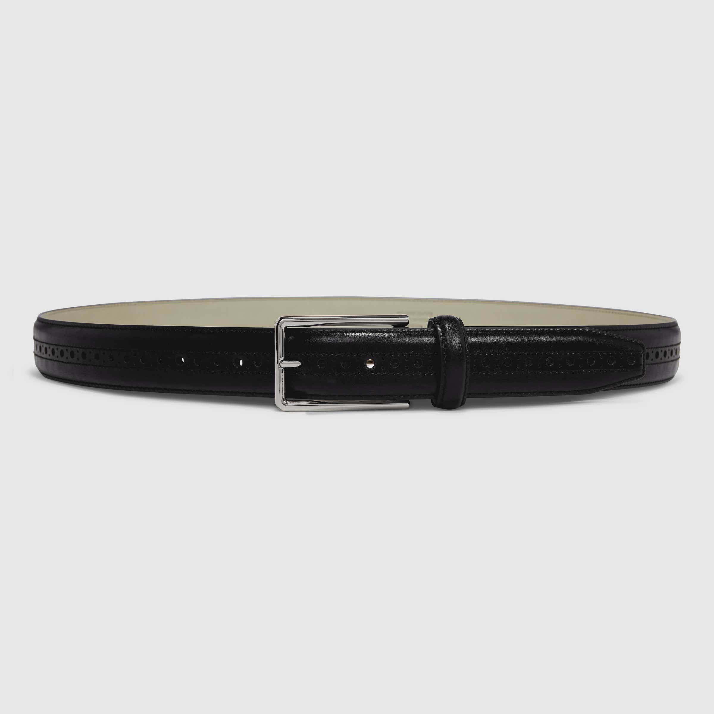 Men's ECCO® Large Leather Brogue Belt - Black - Main