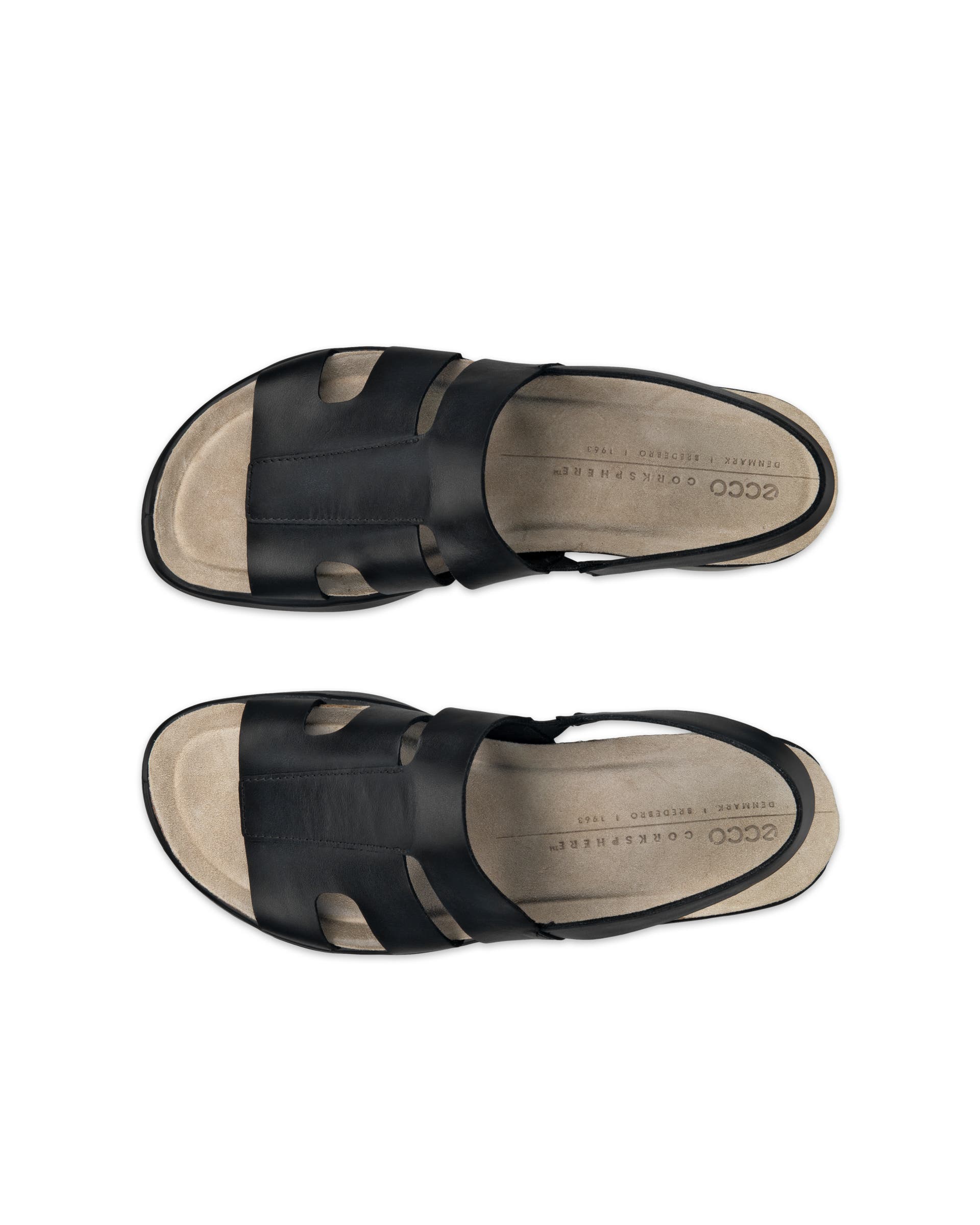 Women's ECCO® Flowt Wedge Cork Leather Cork Heeled Wedge Sandal - Black - Top left pair